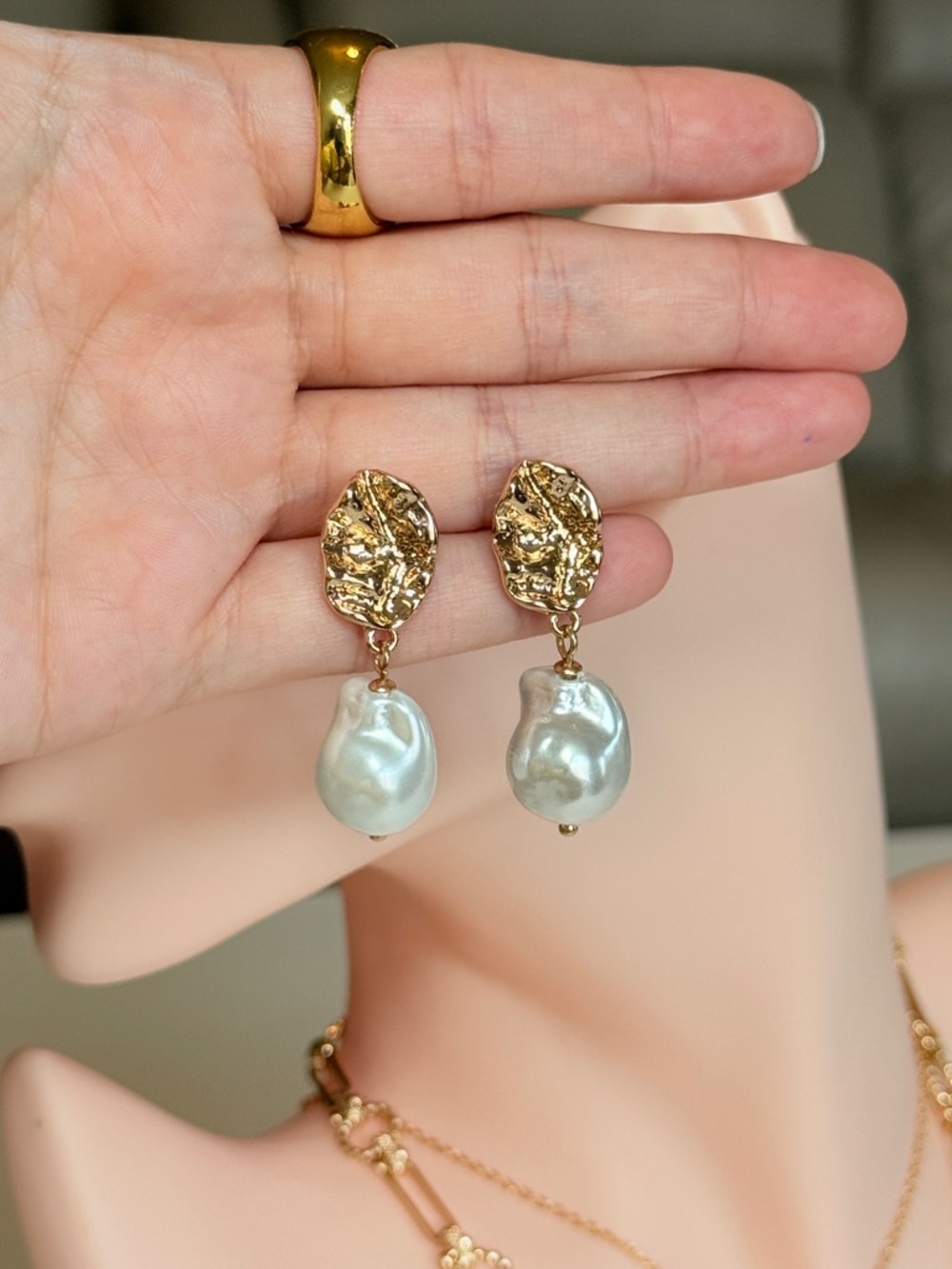 Gold-Tone Drop Pearl Earrings with Blue Pearl - Picture 10 of 10